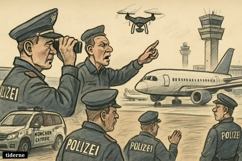 A grounded airliner, German police scanning the runway, and a small drone hovering near Munich Airport during a security shutdown.