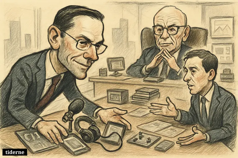 James Murdoch negotiates for premium media and podcast assets as Jim Bankoff faces him and Rupert Murdoch watches from behind.
