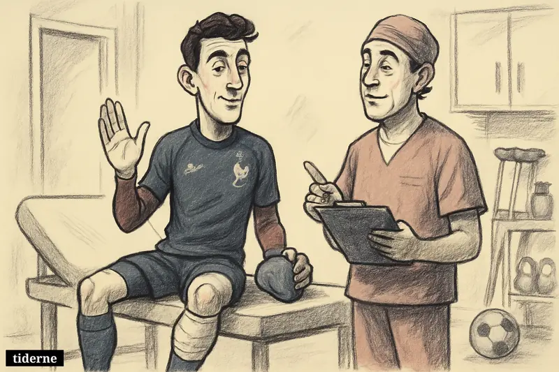 A caricature of a footballer after routine surgery, seated calmly in a clinic with a doctor, rehab gear, and a football nearby.