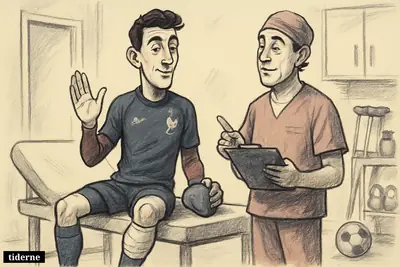A caricature of a footballer after routine surgery, seated calmly in a clinic with a doctor, rehab gear, and a football nearby.