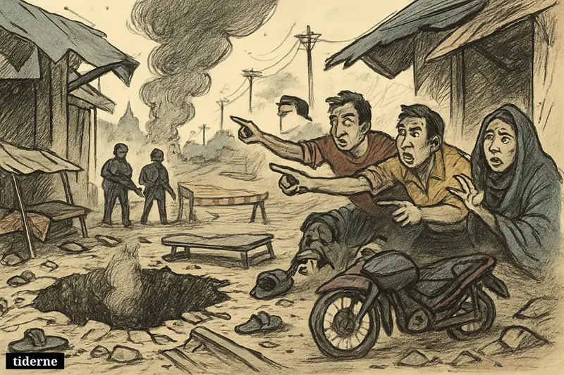 A smoking crater in a damaged Myanmar street, frightened civilians hiding behind debris, and tense soldiers near a checkpoint after an unclear explosion.