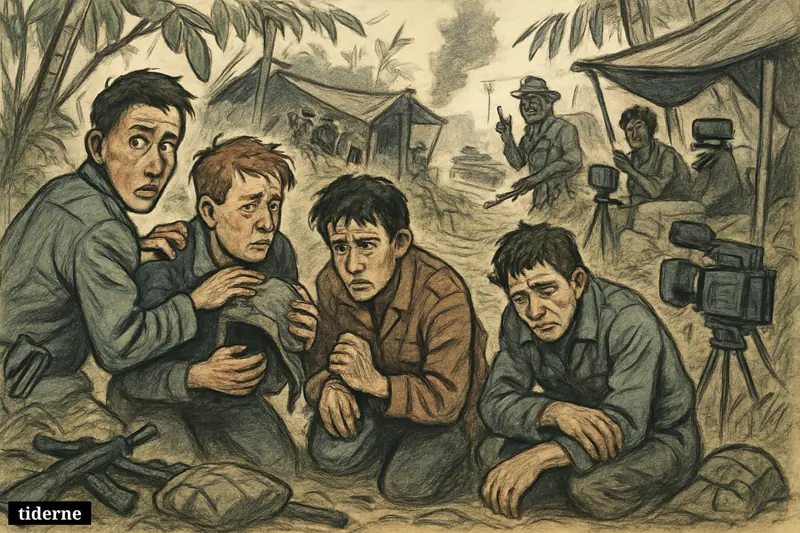 Four escaped young conscripts hide in a jungle rebel camp as broadcast equipment and a distant frontline suggest war and forced recruitment.