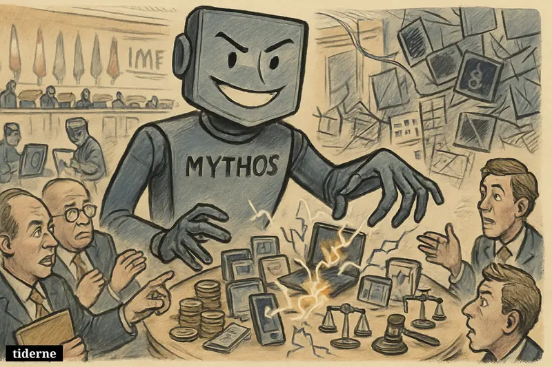 An AI server caricature menaces financial officials at an international meeting as cracked devices, shields, coins, and cyber threat symbols fill the room.