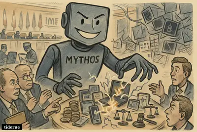 An AI server caricature menaces financial officials at an international meeting as cracked devices, shields, coins, and cyber threat symbols fill the room.