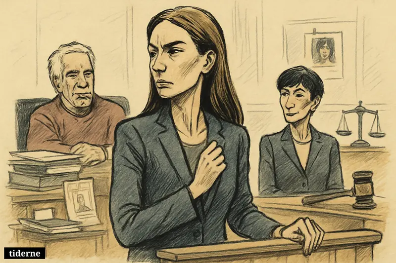 Nadia Marcinko stands tense at center in a courtroom scene, with Jeffrey Epstein and Ghislaine Maxwell looming behind amid investigative evidence.