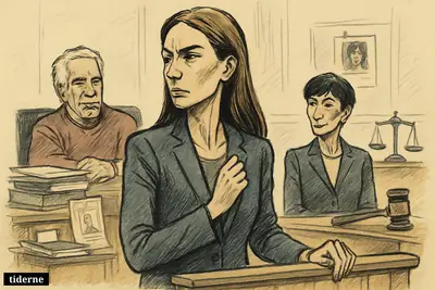 Nadia Marcinko stands tense at center in a courtroom scene, with Jeffrey Epstein and Ghislaine Maxwell looming behind amid investigative evidence.