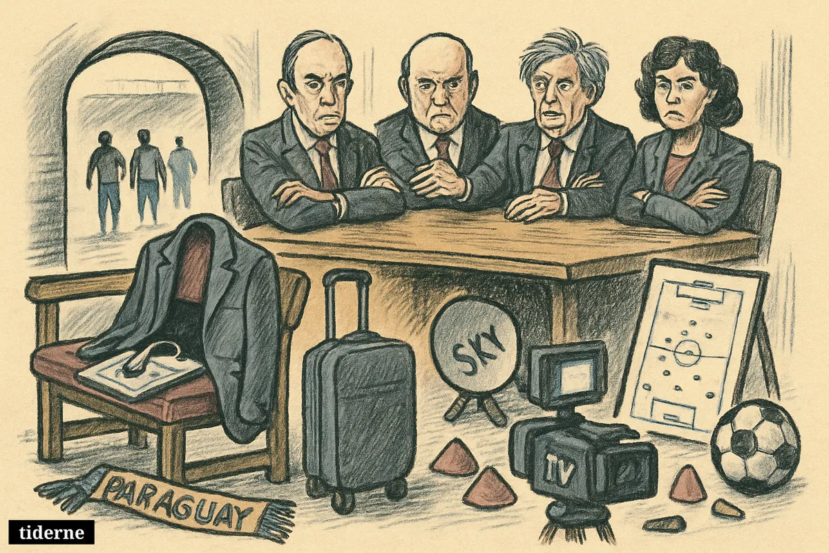 An empty coach’s bench dominates a tense federation boardroom beside a stadium tunnel, with executives, football props, and media equipment after a defeat.
