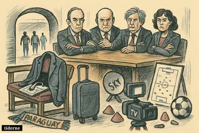 An empty coach’s bench dominates a tense federation boardroom beside a stadium tunnel, with executives, football props, and media equipment after a defeat.