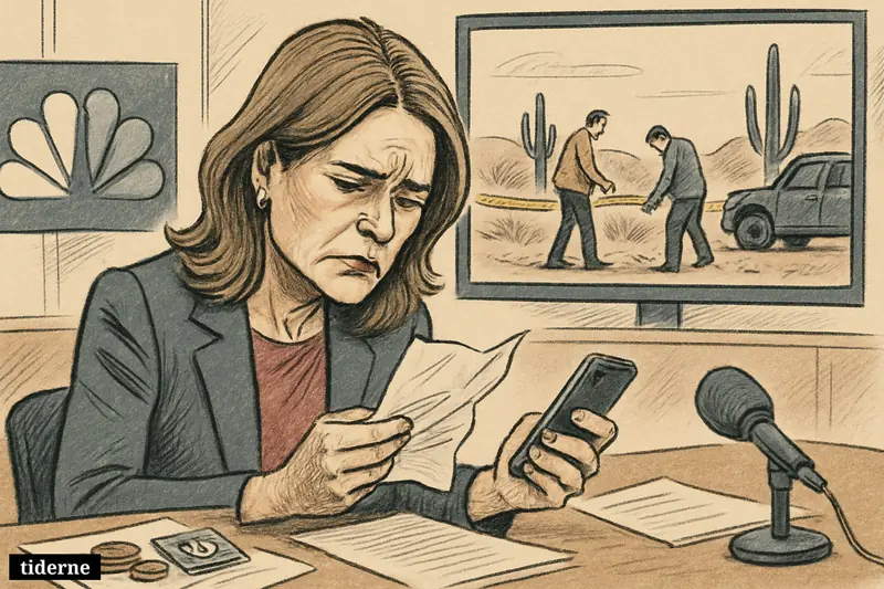 Caricature of Savannah Guthrie in a newsroom clutching a letter and phone, with Arizona investigators and desert kidnapping clues behind her.