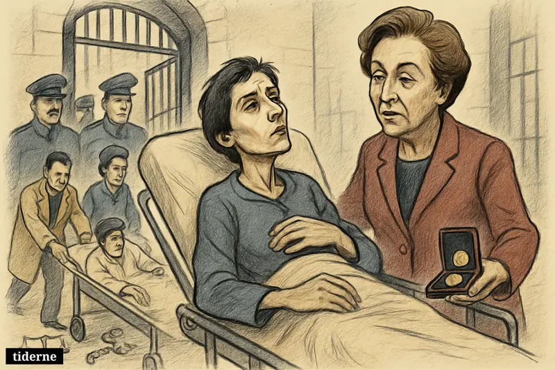 Narges Mohammadi on a hospital gurney leaving prison, with Shirin Ebadi beside her and medical staff moving urgently forward.