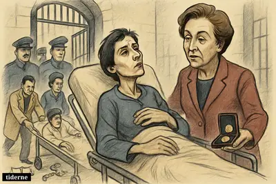 Narges Mohammadi on a hospital gurney leaving prison, with Shirin Ebadi beside her and medical staff moving urgently forward.