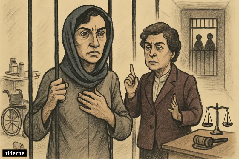 Narges Mohammadi and Shirin Ebadi as caricatures in a prison cell, surrounded by symbols of neglect, justice, and Iran’s prison system.