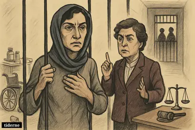 Narges Mohammadi and Shirin Ebadi as caricatures in a prison cell, surrounded by symbols of neglect, justice, and Iran’s prison system.