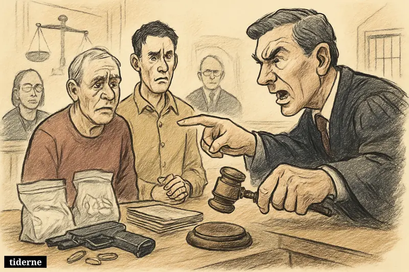 A courtroom caricature shows a judge sentencing two drug-case defendants beside evidence bags, case files, and a confiscated pistol.