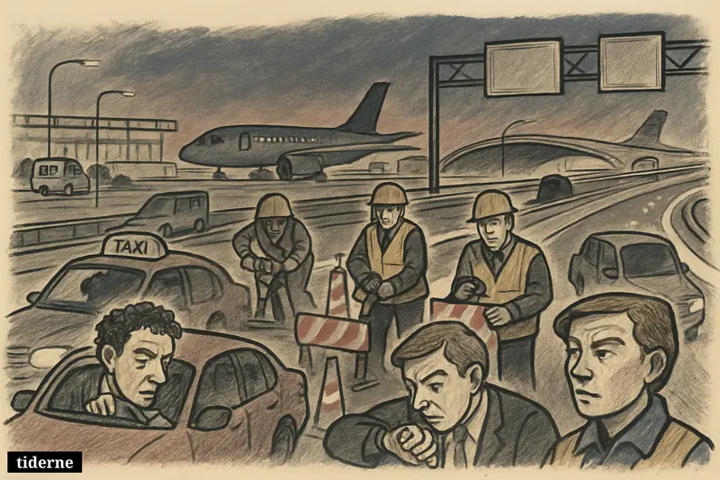 Night motorway near Copenhagen Airport with halted cars, road workers, barriers, and the airport terminal and plane behind them. (AI-genereret illustration)