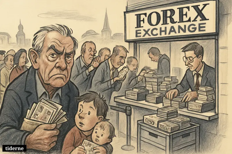 A long queue of people with old banknotes waits outside a Forex exchange branch as extra cashier counters handle piles of cash.