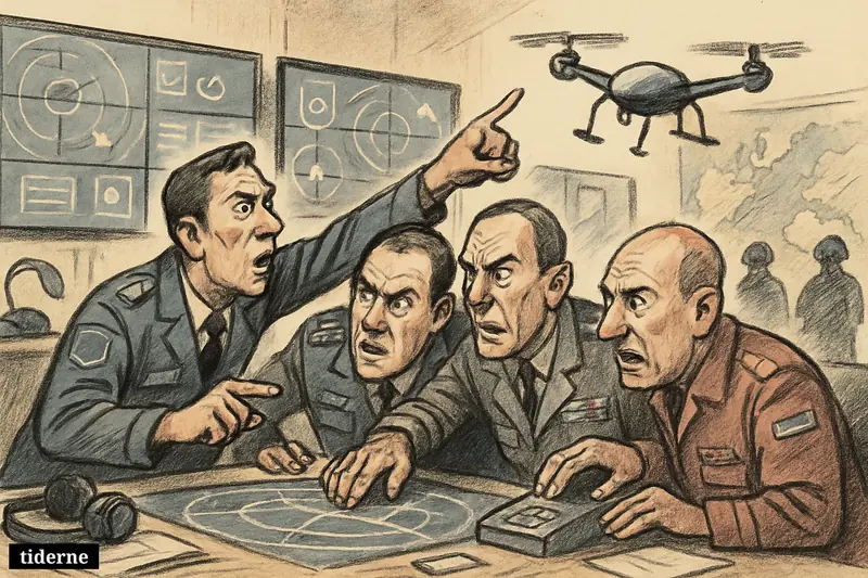 Caricature of anxious alliance officers in an air-defense command room reacting to an unidentified drone over a radar table.
