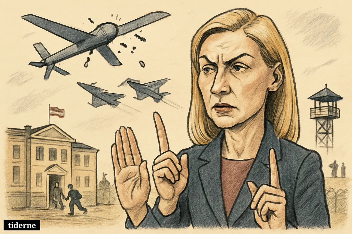 Caricature of Evika Šiliņa gesturing beneath an intercepted drone as NATO jets sweep over Latvia near a tense eastern border.