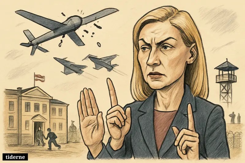 Caricature of Evika Šiliņa gesturing beneath an intercepted drone as NATO jets sweep over Latvia near a tense eastern border.