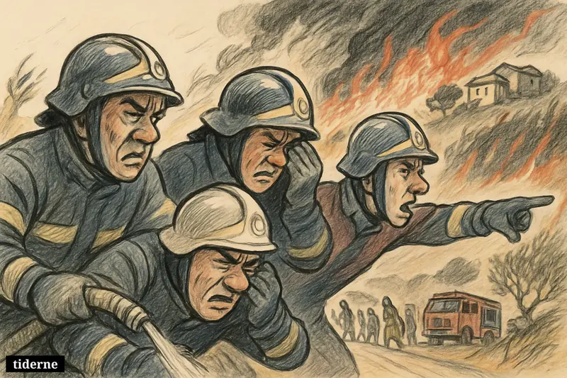 Firefighter caricatures battle a wind-driven wildfire on an Italian hillside as evacuees flee along a crowded rural road.