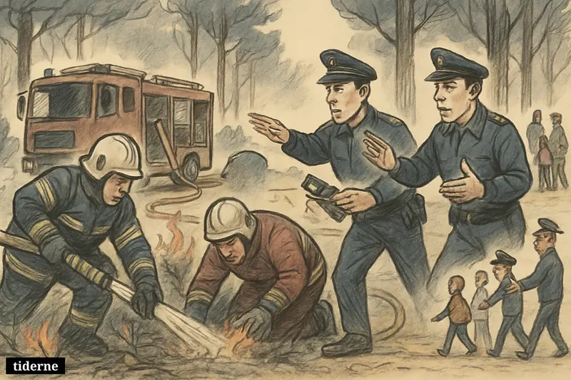 Firefighters and police respond to a controlled forest fire, spraying smoking brush as civilians are directed away through a woodland path.