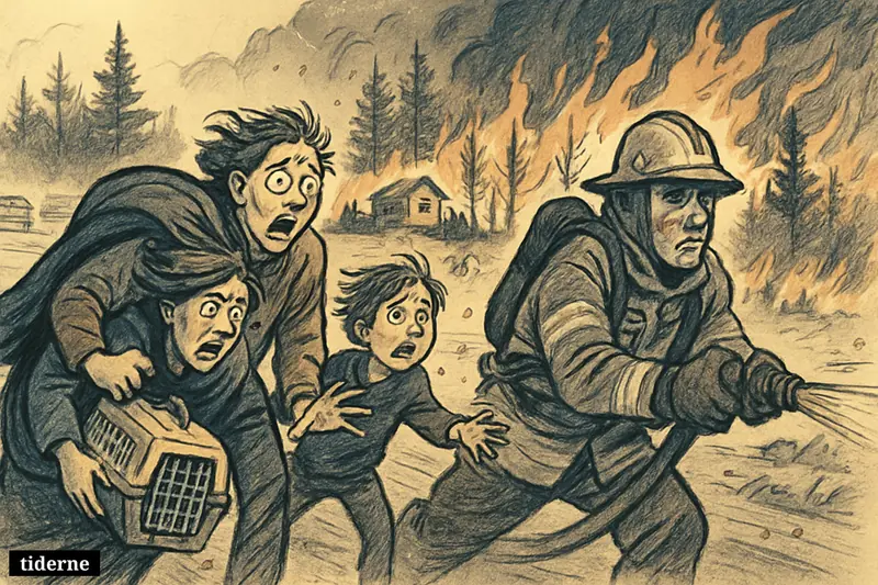 Caricature of evacuees and a firefighter fleeing fast-moving wildfires threatening homes in dry pine country in Florida and Georgia.