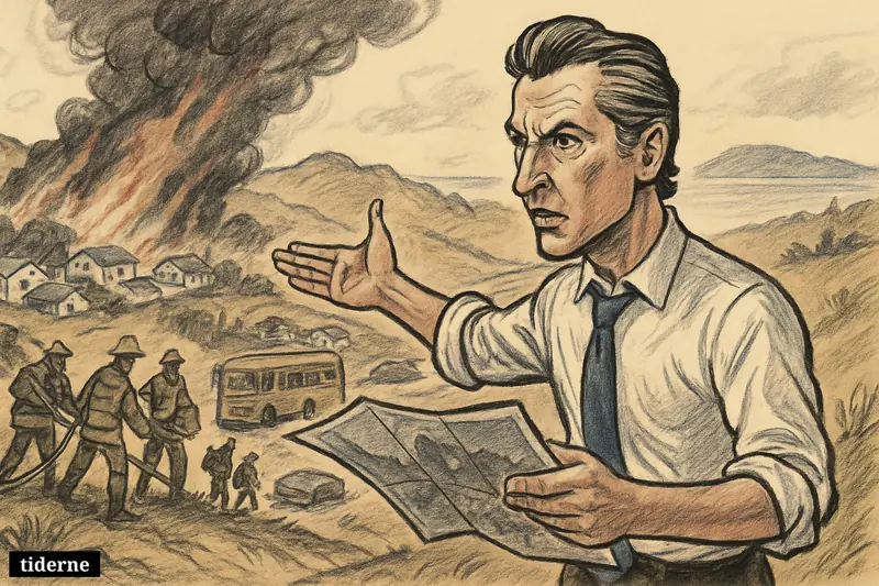 Caricature of Gavin Newsom examining a satellite image as wildfires spread near homes, while firefighters and evacuees move through a California hillside scene.