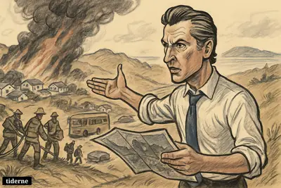 Caricature of Gavin Newsom examining a satellite image as wildfires spread near homes, while firefighters and evacuees move through a California hillside scene.