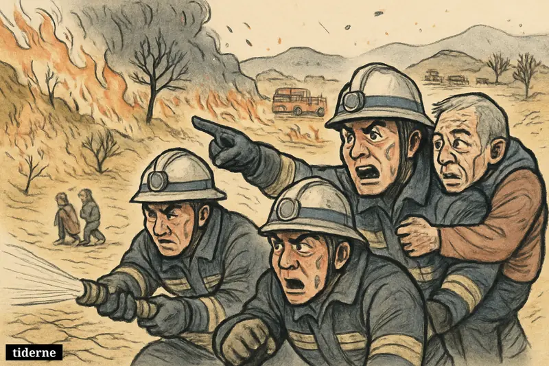 Japanese firefighters battle a spreading hillside wildfire as evacuees flee past dry ground, burning trees, and emergency vehicles.