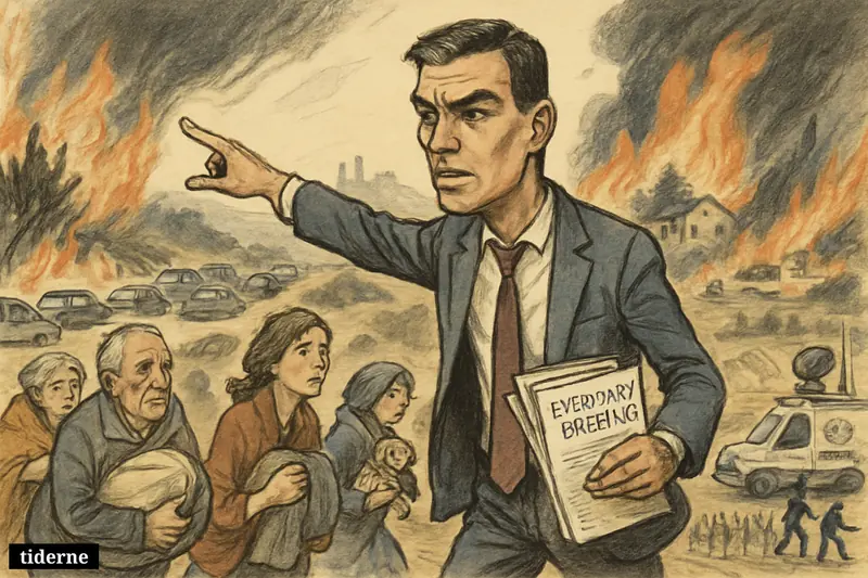 Pedro Sánchez directs evacuations as frightened families flee wildfires, with firefighters, traffic, smoke, and burning woodland behind him. (AI-genereret illustration)