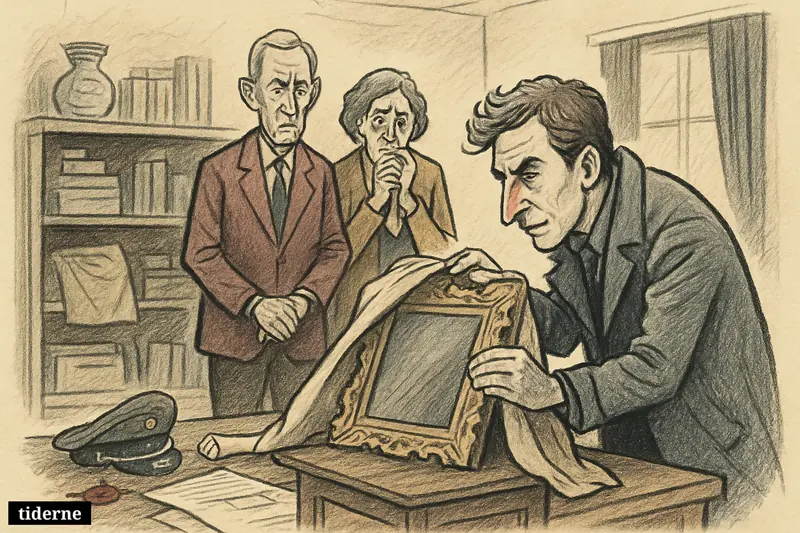 Arthur Brand reveals a recovered painting in a tense German family sitting room filled with heirlooms, archive papers, and signs of wartime art theft.