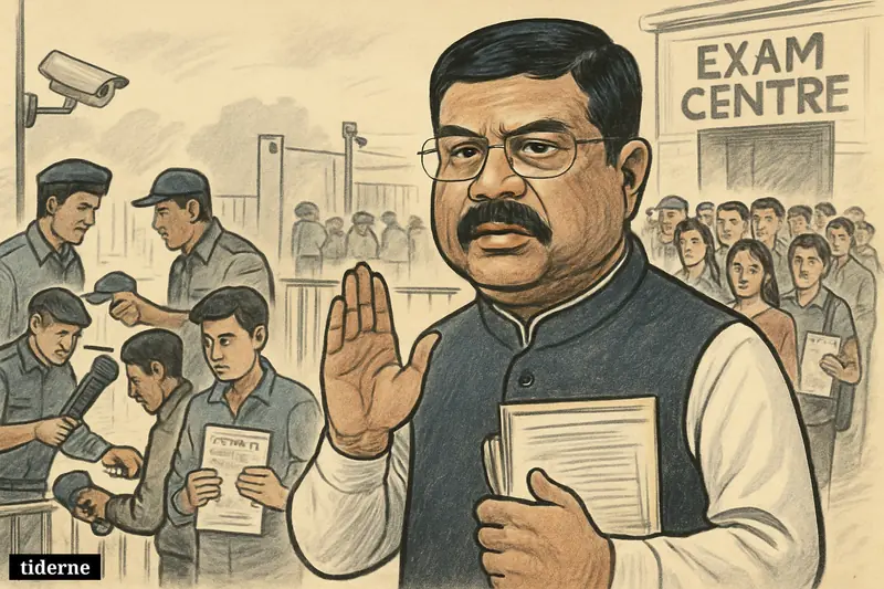 Caricature of Dharmendra Pradhan overseeing heavily guarded Indian exam-center lines as anxious students undergo strict security checks.