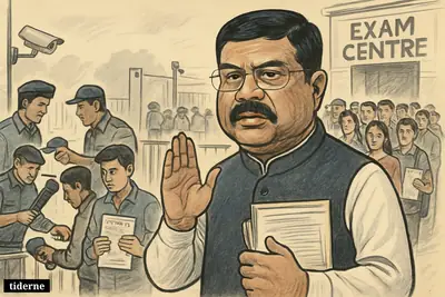 Caricature of Dharmendra Pradhan overseeing heavily guarded Indian exam-center lines as anxious students undergo strict security checks.