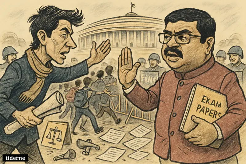 Caricature of Sonam Wangchuk and Dharmendra Pradhan facing off at parliament barricades as student protesters clash with police in New Delhi. (AI-genereret illustration)