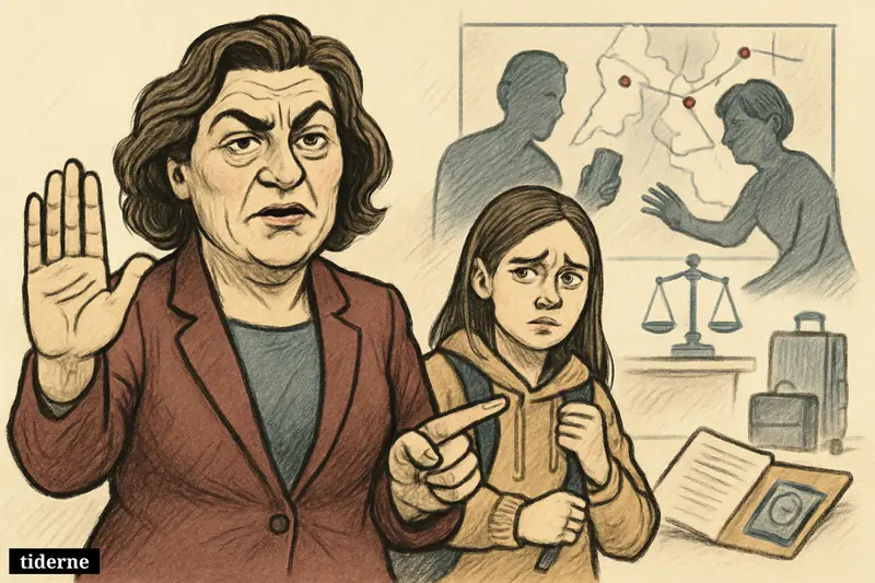 Sophie Hæstorp Andersen shields a tense teenage girl in a municipal office while shadowy controlling figures and travel symbols loom behind them.