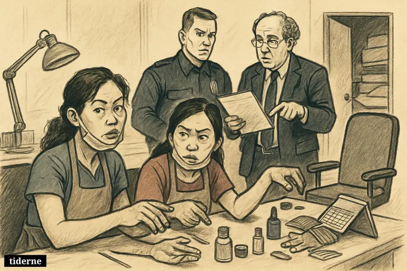 A tense nail salon scene shows exhausted workers, inspectors reviewing evidence, and cramped conditions suggesting exploitation and human trafficking.