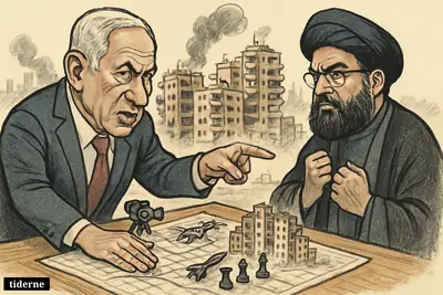 Caricatures of Benjamin Netanyahu and Hassan Nasrallah face off over a war map, with dense Beirut suburbs and smoke behind them.