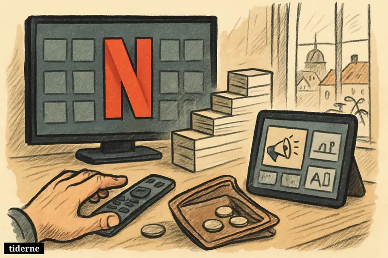 A Netflix-themed TV dominates a living room scene with payment props, a reaching hand, and ad-supported streaming symbols against a Copenhagen backdrop.