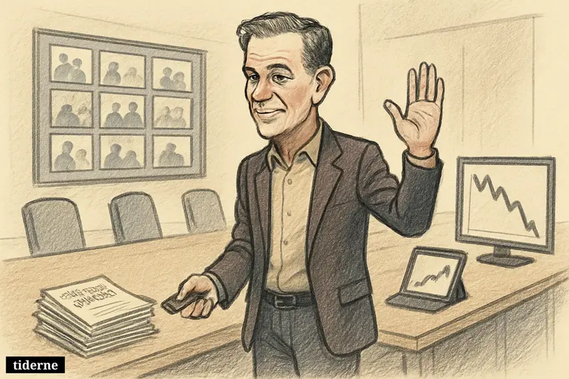 Reed Hastings steps away from a boardroom chair as Netflix growth charts and a falling stock graph appear around him.