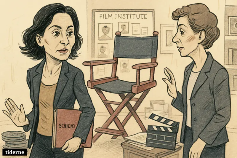 Heidi Maria Faisst steps away from an empty leadership chair as Mette Damgaard-Sørensen looks on in a film institute office filled with filmmaking props.