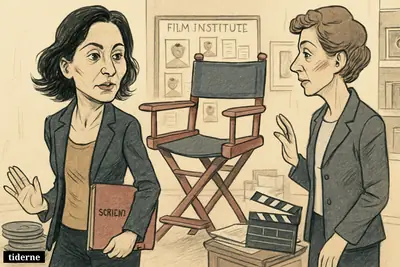Heidi Maria Faisst steps away from an empty leadership chair as Mette Damgaard-Sørensen looks on in a film institute office filled with filmmaking props.