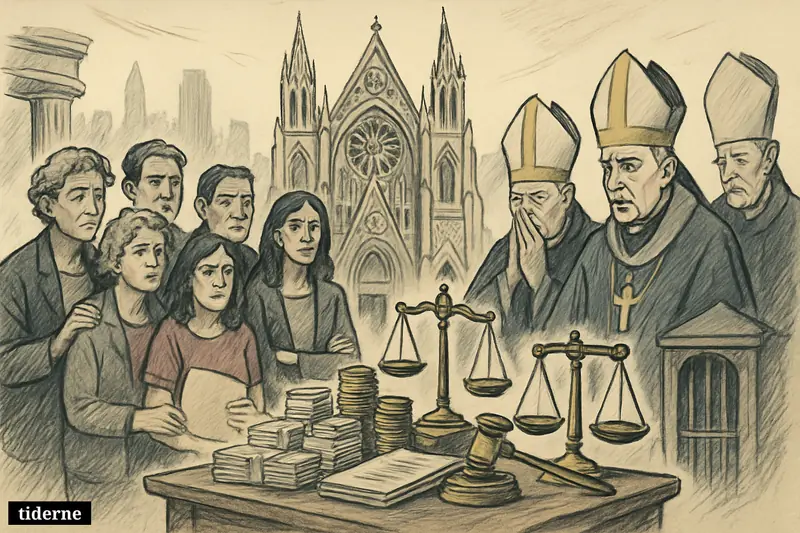 Survivors face solemn church leaders at a settlement table outside a New York cathedral, surrounded by legal and financial symbols.