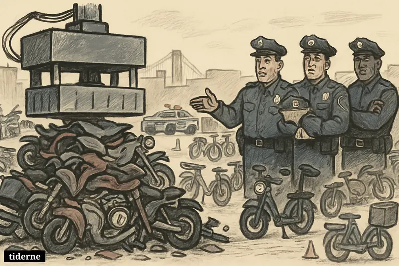 Police officers in a New York impound yard watch a crusher flatten seized scooters, mopeds, and delivery e-bikes.