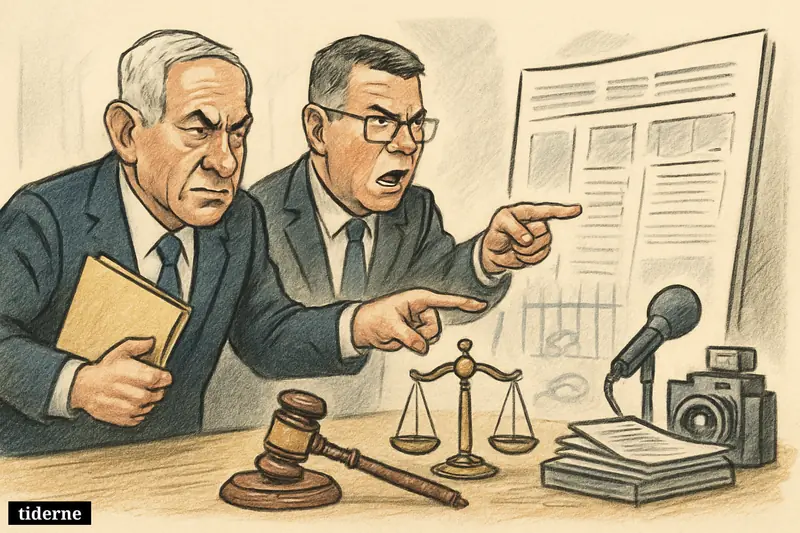 Caricature of Netanyahu and Gideon Saar confronting a shield-like newspaper across a legal table with gavel, scales, and press symbols.