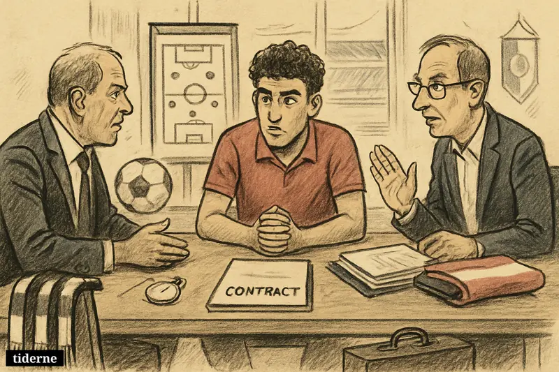 A young footballer sits between two club negotiators at a transfer table, surrounded by scarves, paperwork, and football props in a stadium office. (AI-genereret illustration)