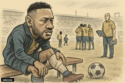 Caricature of Neymar on Brazil’s bench clutching his bandaged calf while teammates prepare on the pitch behind him.