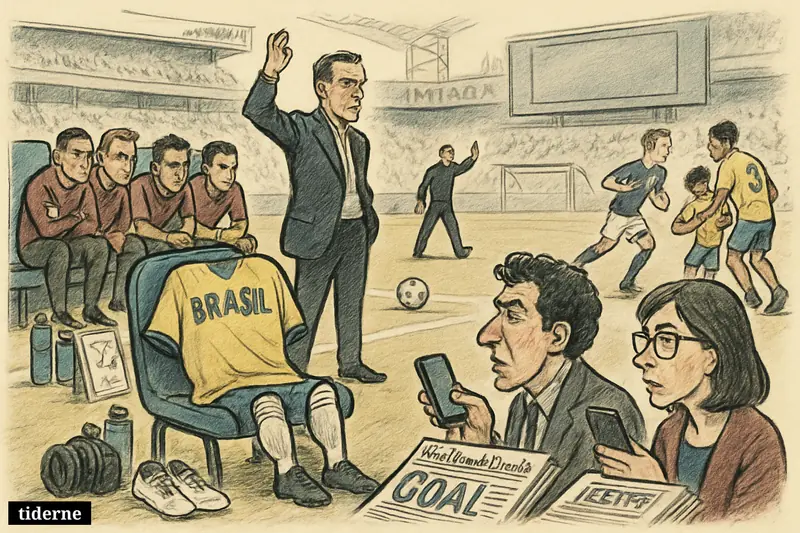 A caricature football stadium scene shows Brazil’s bench highlighted, players warming up, and sideline reporters watching before a Brazil versus Scotland match.