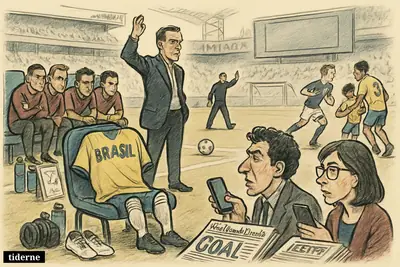 A caricature football stadium scene shows Brazil’s bench highlighted, players warming up, and sideline reporters watching before a Brazil versus Scotland match.