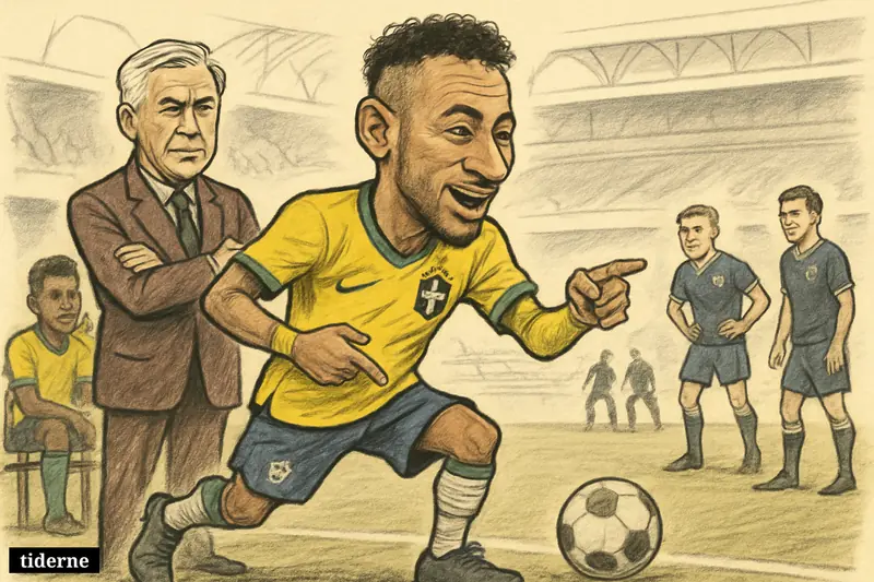 Neymar steps from the bench toward the pitch as Ancelotti nods behind him, with Brazil teammates and Scotland players awaiting kickoff.