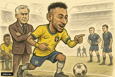 Neymar steps from the bench toward the pitch as Ancelotti nods behind him, with Brazil teammates and Scotland players awaiting kickoff.